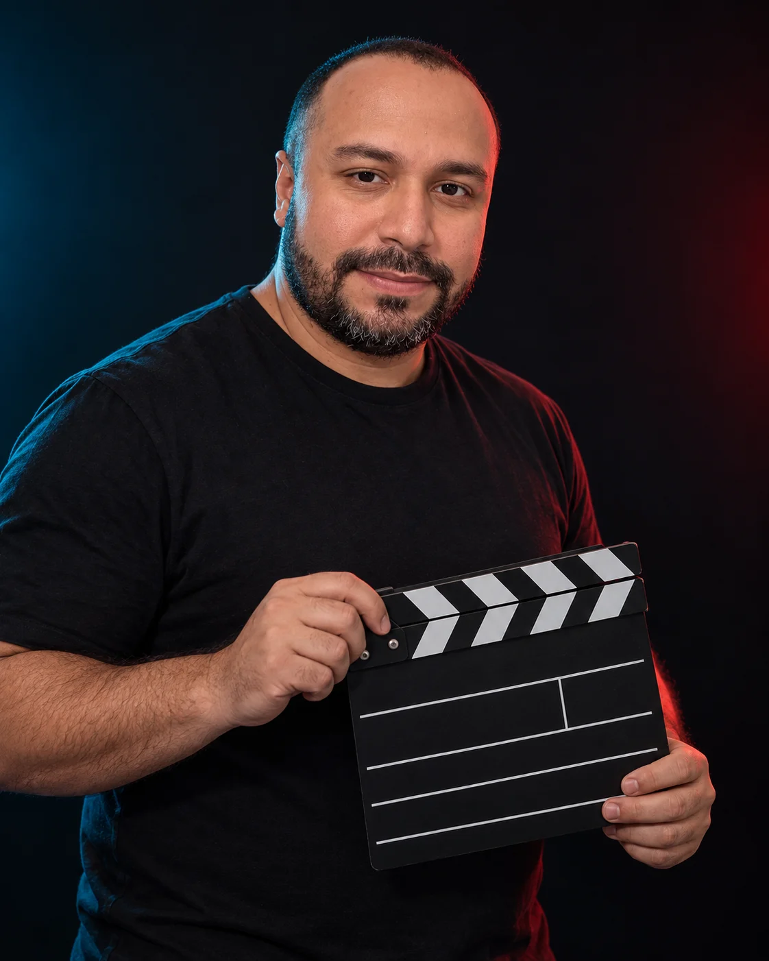 Retrato de Eli Moreira com uma claquete de cinema, criado com IA a partir de suas fotos